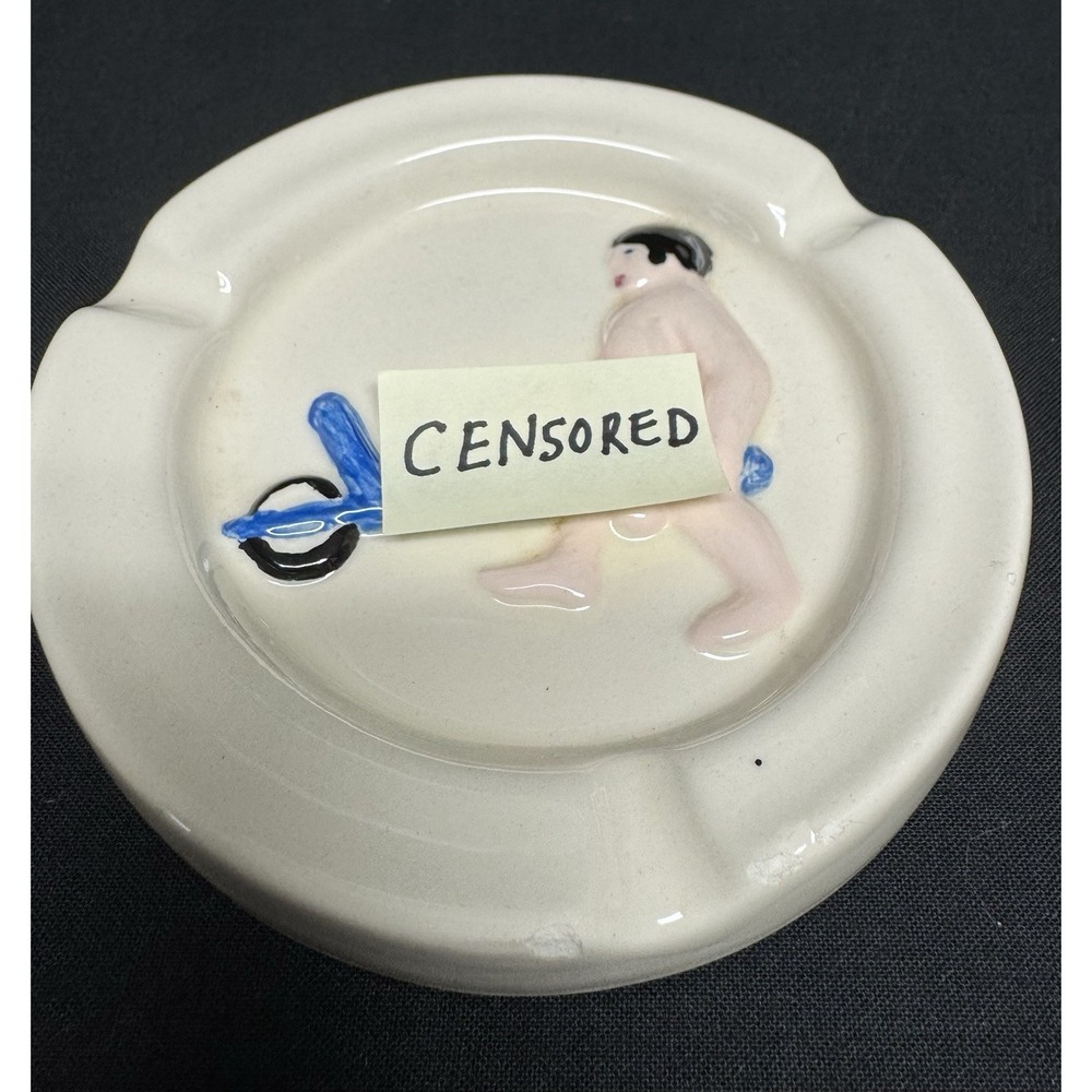 Vintage Funny Naughty Adult Hand Painted Ceramic Ashtray Man W/ Wheelbarrow